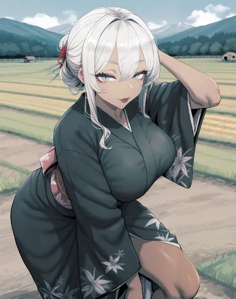 masterpiece, best quality, _(deadflow) style, dynamic pose, looking at viewer, solo, mature woman, full brown lips, silver sharp eyes, long eyelashes, long spiky white hair, crossed-pupils, dark green kimono, outdoors, farm, voluptuous, ample bosom, dark b...