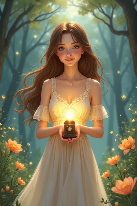  Create a whimsical illustration in the classic realistic style . A delicate and friendly woman holding a vintage-style flashlight ,  gracefully standing in a serene forest setting .  She has flowing brown hair and wears a soft pastel lilac and beige dress...