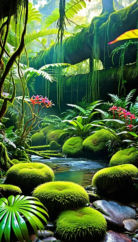 NFT style image, lush nature, dense rainforest, vibrant colors, sunlight filtering through leaves, detailed textures, deep shadows, diverse wildlife, colorful birds flying, dancing butterflies, bright insects, rare plants, blooming flowers, delicate petals...