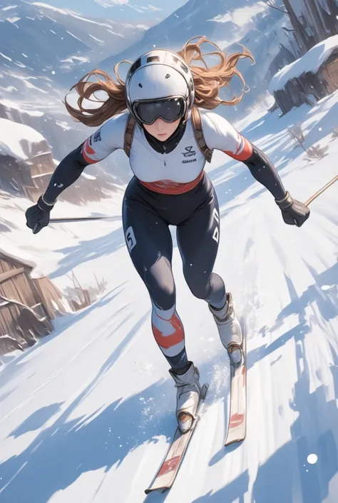 Snapshot of a female athlete gliding on a competitive course,   goggles,   helmet , Distance sports 、 Nordic skiing , 