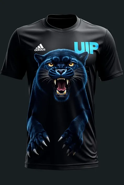 On a black soccer shirt on a panther and that says UIP in blue in the corner