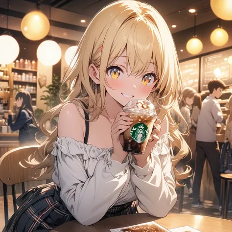 Have iced coffee, Masterpiece,  best quality,  Highly Detailed CG Unity 8K Wallpaper,  anime illustration of a high school girl,  dressed off-the-shoulder ,   She's wearing a red and black plaid skirt.,、 smile.  long hair、Blonde,  yellow eyes, Bokeh,  Stre...