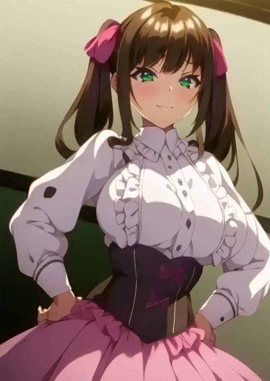 ((Best quality)),((Ultra-detailed)),((illustration)),((frilld)),(1 girl),(Solo),
1girl, bangs, blush, bow, breasts, center frills, closed mouth, corset, eyebrows visible through hair, frilled shirt, frills, hair ribbon, hand on hip, hands on hips, high-wai...