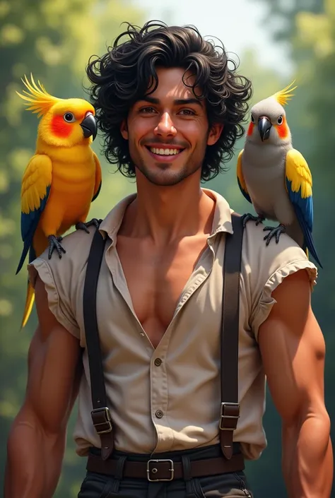 Big black curly-haired young man with two cockatiels on his shoulder, one yellow and the other gray 