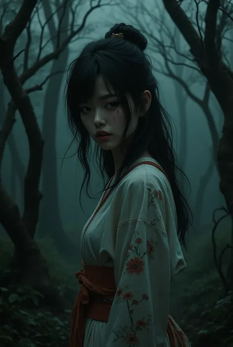 dark forest with shady surroundings that highlights a sexy Japanese woman who shows face of sadness and anger that is in grief