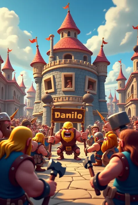 Can you make an image of a town hall like in clash of clans with angry barbarians because of the sign where is written the name DANILO