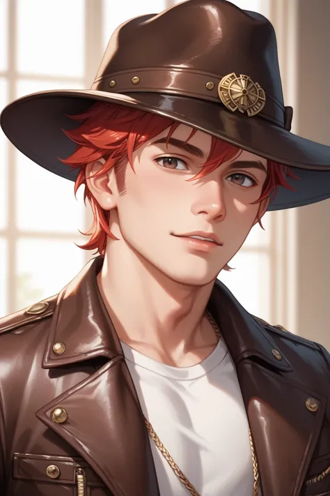  Can create just the side face of a male character, man ,  ager ,  with a rebellious appearance and a closed impatient and arrogant expression ,  with red hair in fringes split in half and dark eyes .  Wearing a burgundy leather jacket ,  wearing a brown c...