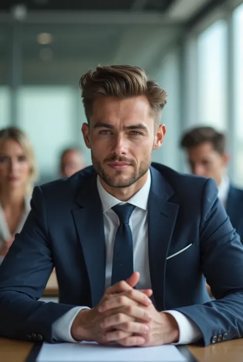 Successful young man at a work meeting smelling good