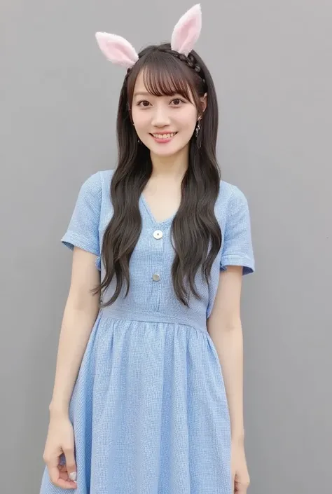 Girl wearing light blue maid clothes with rabbit ears:1.5，  I'm wearing black tights:1.5，  Best Smile:1.5，    full body shot  :1.5，Gray background:1.5，  mature woman wearing black high heels   :1.5，  top view  :1.5