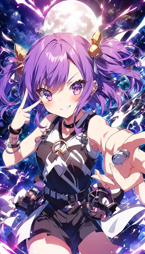 Anime girl with purple hair and piercings making a peace sign,  index finger, 2 d  anime style,  ahehe, Nightcore,  anime cover ,  anime styled,  anime Moe art style, trigger  Anime Art Style ,  anime atmosphere , in  anime style,  anime style,  Anime Art ...