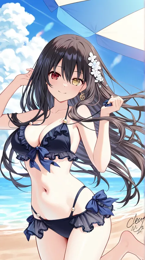 An anime-style illustration of Kurumi Tokisaki from Date A Live enjoying a sunny day at the beach. She is wearing a stylish black bikini with delicate lace accents, perfectly complementing her mysterious and elegant aura. Her long black hair flows gently i...