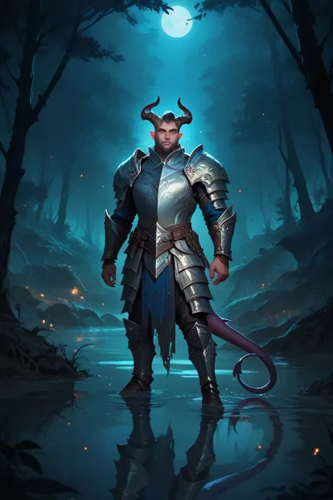 dark shot. night, ( score_9, score_8_up,:1.2) BREAK. magical atmosphere, magical aura, blue-gray shimmery skin , horns .a  tiefling stands in the middle of a swamp in the forest , low light, dramatic lighting, darkness, reflection, scale armor. cover for f...