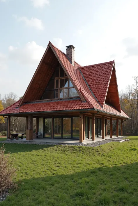 It creates a roof with 4 sides, two that would have the shape of a triangle and the other two sides in the shape of a trapezoid., all this red Eternit roof and tile ridge, and its structure that supports it of 12 150mm metal columns 