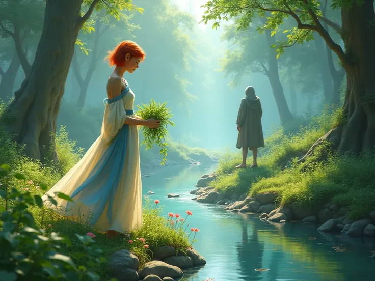 A beautiful elf with short red hair dressed in white and blue collecting herbs in a clearing near a river, and in the distance a hooded warrior elf watching her.