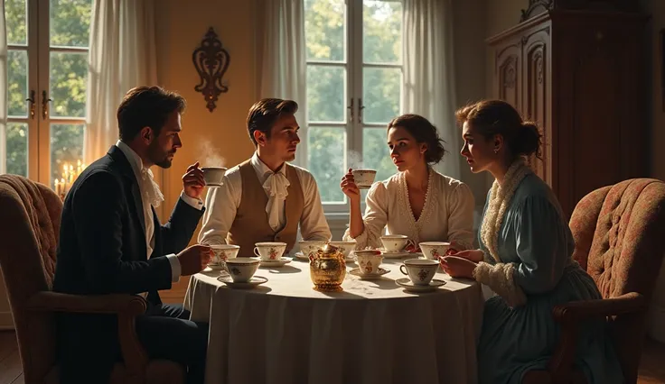 It was the year 1850 ,  In a quiet village near the forests of northern France , TWO MEN AND TWO WOMEN DRINKING TEA IN THEIR LIVING ROOM 