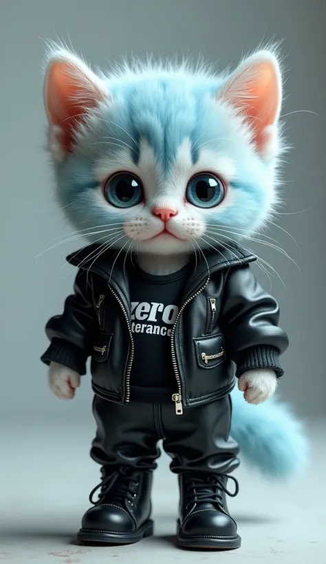 Create a pink kitten with big eyes huge sky blue fluffy fur and soft adorable face with a black leather jacket on the jacket that says "Zero-Tolerance" with leather pants and dark leather boots 