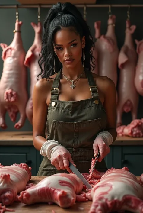 Rihanna with butcher apron butchering pigs 