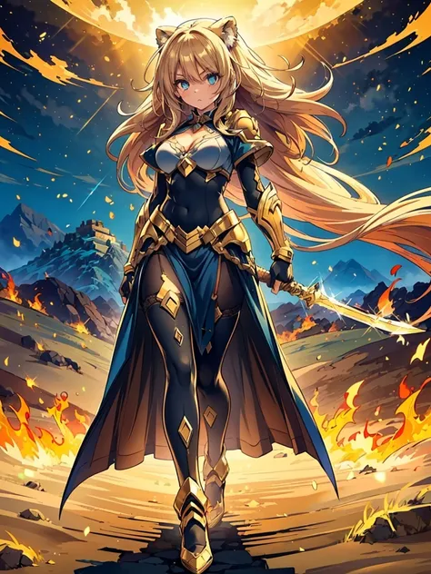 (((masterpiece, best quality, high detailed, 16k))) (1girl) A radiant female warrior with a mane of golden hair flowing like the sun's rays. Her eyes shine with the intensity of a lioness ready to strike. Her golden armor glows with warmth, emblazoned with...