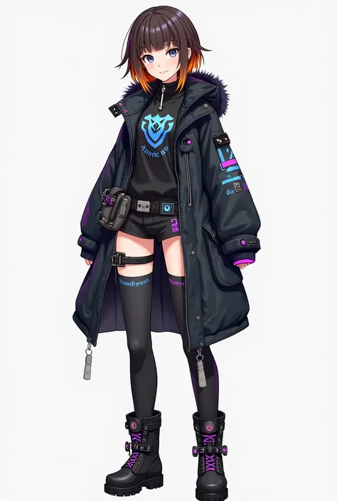 Anime woman, tall, sarcastic smile, short brown hair, orange underdye hair, gray eyes, cyberpunk style outfit, parka over shoulders, high leg warmers, boots, Black predominant color, blue, pink and purple color designs on clothes, many details, many access...