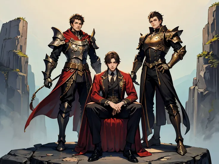 three unique protagonists in an outside rocks environment different calm poses, fantasy themed art and background, gang like pose, character selection like, elegant and intimidating, few armor plates and classic intricate outfits, all full-body