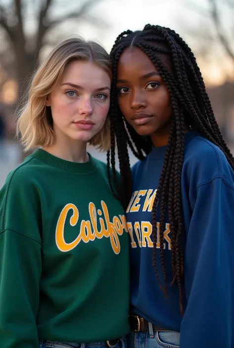 Create two High school seniors butefol girls for me, one girl with fair skin, short blonde hair, blue eyes, and freckles in a large green sweater with California written on it, and the other girl with dark skin, green eyes, and long braids in a big blue sw...