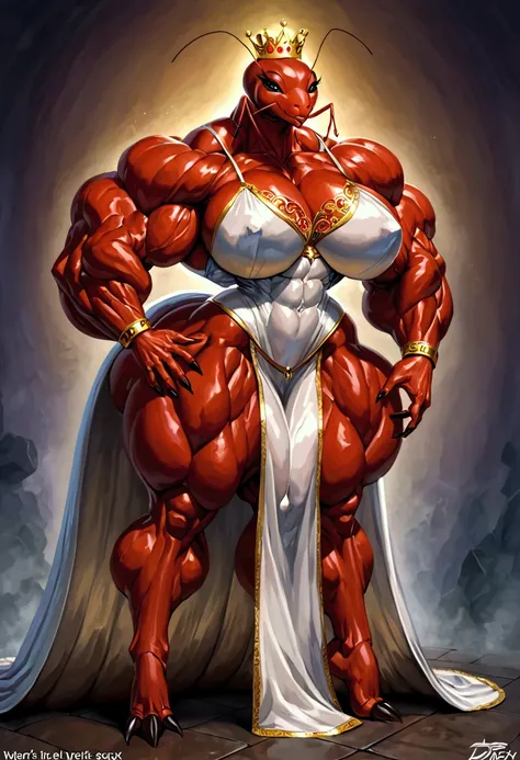 Female ant with very big muscles  , very huge and very gigantic and she's wearing a dress and a crown and she's very strong, very muscular and very sexy, and her muscles are very big and very enormous, and her muscles are very toned and very defined and sh...