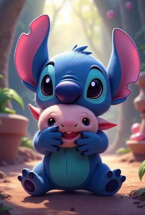 Have Stich carry a plush toy from LOL in this image 