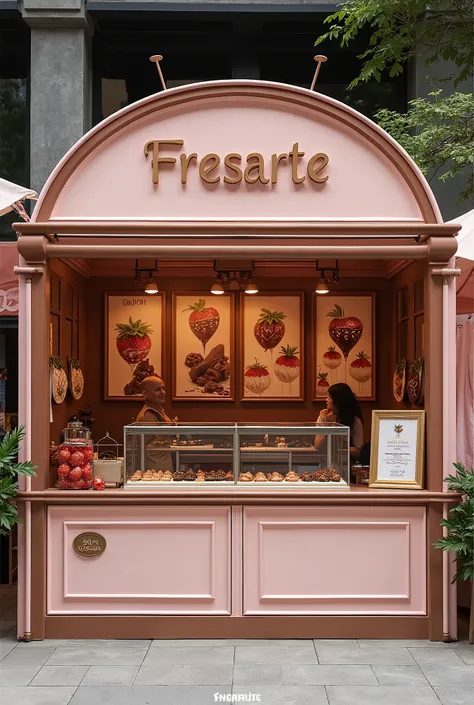 "Transform a photo of a market stall into a modern strawberry and chocolate stand for a business called 'Fresarte.' The stall should have clean and stylish branding, including pastel pink and chocolate brown tones. Add signage with the name 'Fresarte' in a...