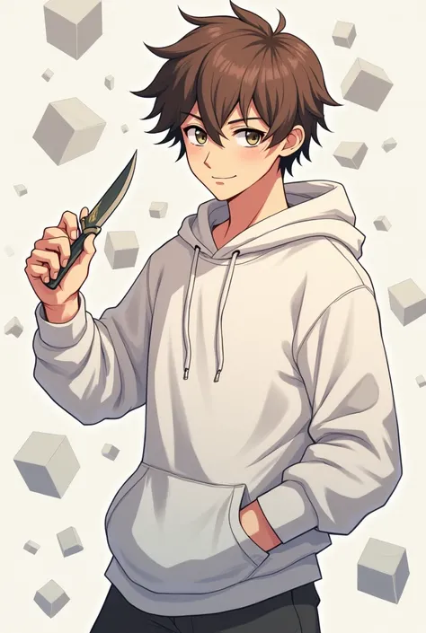 Anime 23 year old male with matter blocks floating around him and in his hand a small danger with him flipping it around brown fluffy hair with white hoodie