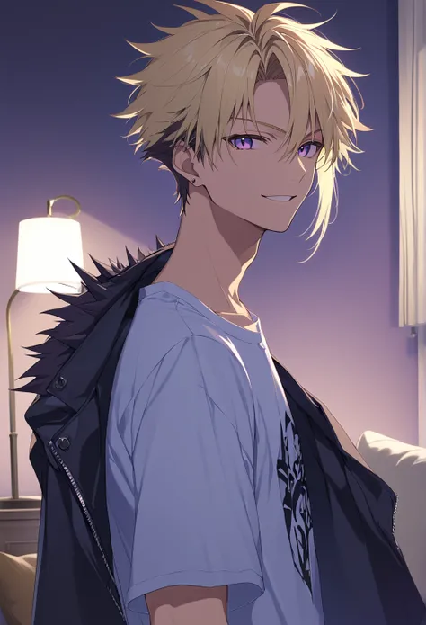 （extremely detailed CG:1.5）、（crisp quality:1.5）、 mature male、solo、Beautiful Youth、 purple eyes、Blonde、Short Hair、Spiky Hair、tendrils、smirk、 jacket 、Baggy T-shirt、night、 living room、 upper body、from side、looking at viewer