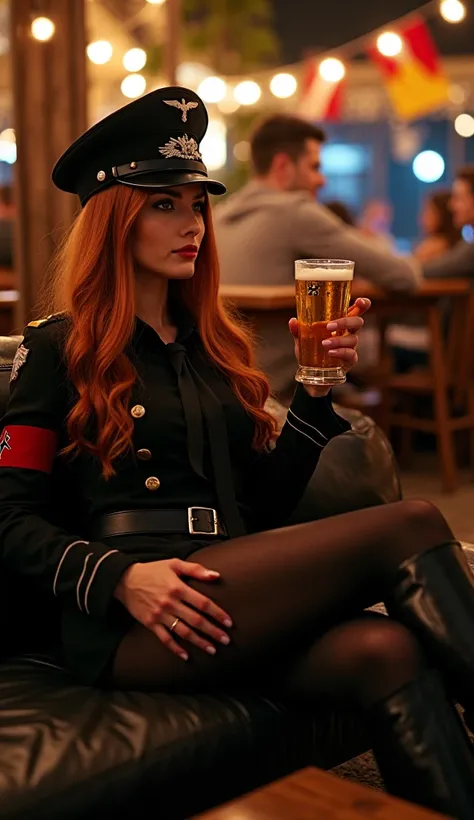 Beautiful long haired redhead German female soldier, wearing black military hat with the silver eagle insignia on it, tight black cotton jacket closed with black shirt and black tie knot, red band with Nazi insignia on the left arm, black leather skirt, bl...