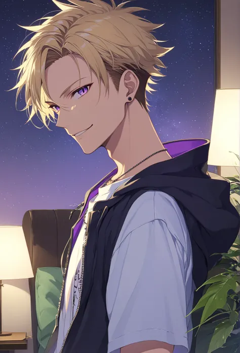 （extremely detailed CG:1.5）、（crisp quality:1.5）、 mature male、solo、Beautiful Youth、 purple eyes、Blonde、Short Hair、Spiky Hair、tendrils、smirk、 jacket 、Baggy T-shirt、night、 living room、 upper body、from side、looking at viewer