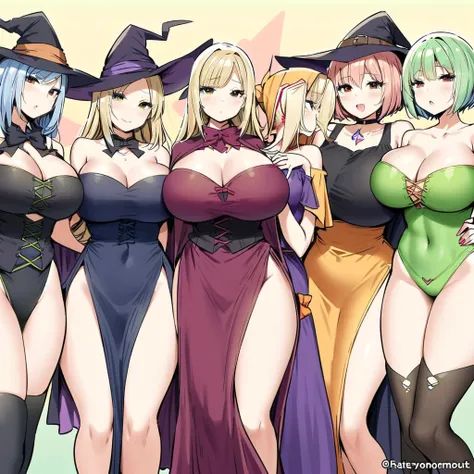  witches series, witch outfits, wizard hats, womans surrounding, multiple womans, curvy body