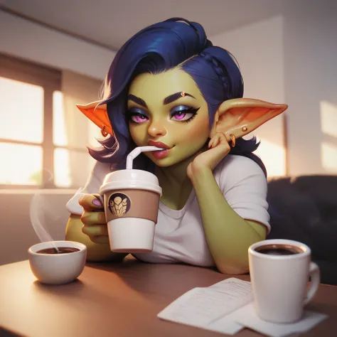 A goblin girl,  wide hips , drinking coffee