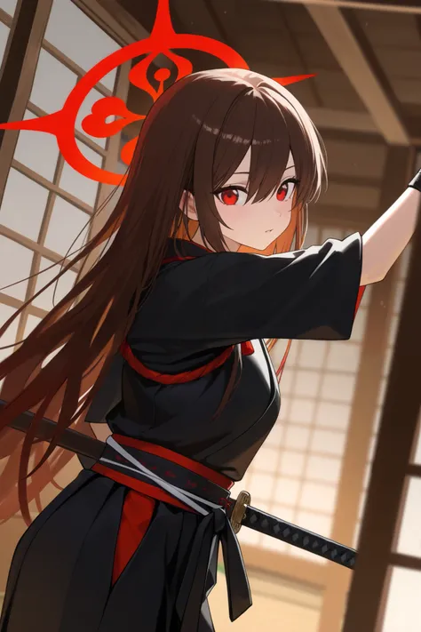 1 girl, Hair length reaches the back, Brown hair and red on the edges of the hair, red eyes, but not bright, Wear a samurai outfit, หน้าอกไซส์ปานกลาง, have a red halo