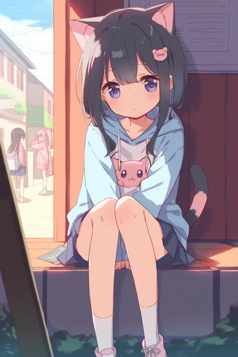 Young girl,, black hair,Erotic,nsfw,Petite,Young,Young girl体型, ,outside, oversized,big pink cat print hoodie,Petite,blush,,blush, being watched, is standing,  moe sleeve, cute,v,Beautiful legs, sitting on a chair,