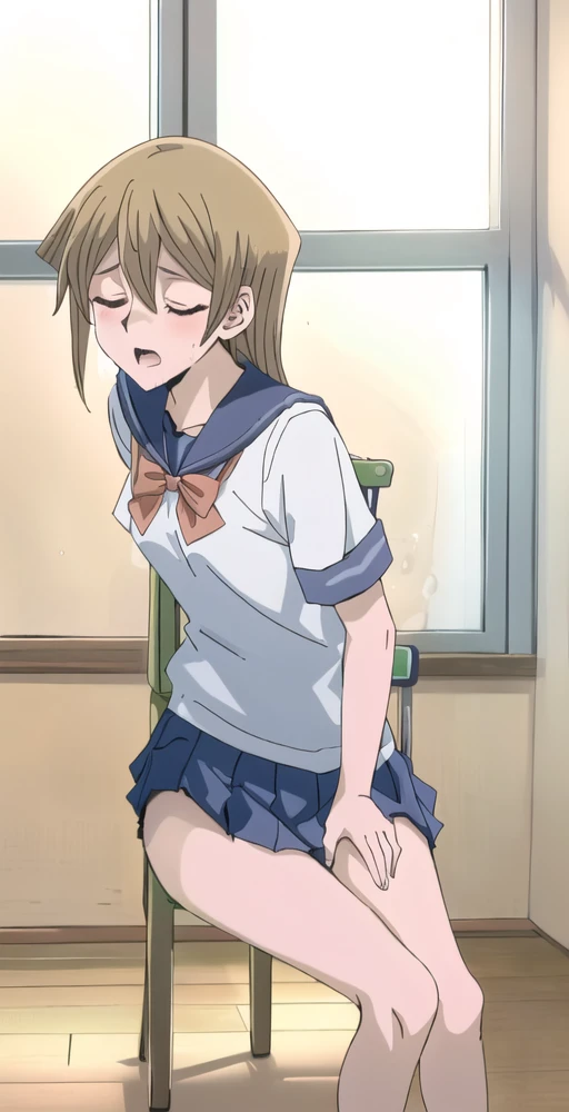  best quality, Top Masterpieces,８Ｋ, school uniform sailor uniform , is trained to always be in a state of sexual arousal and can only think about sex and pleasure all the time,((Pretending to be normal , sitting on a chair)),