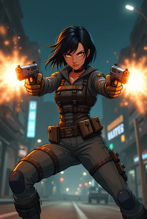 ((Masterpiece)), ((Ultra-detailed)), ((4K resolution)), ((High resolution)), ((Black Lagoon anime art style)), BREAK.

A **badass female vigilante** in a dynamic **action pose**, firing **two pistols** in both hands. She is **Navajo**, with **short black h...