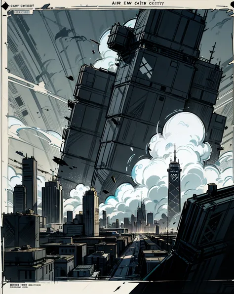 scenery only: a huge Chicago mixed with New York & Washington DC style city, post modern 50s style, rebuilt post apocalyptic city, air filled with toxic ashes, thick clouds, corrupt super city,

Hand drawn, sketchy line thick to thin, simplistic comic book...