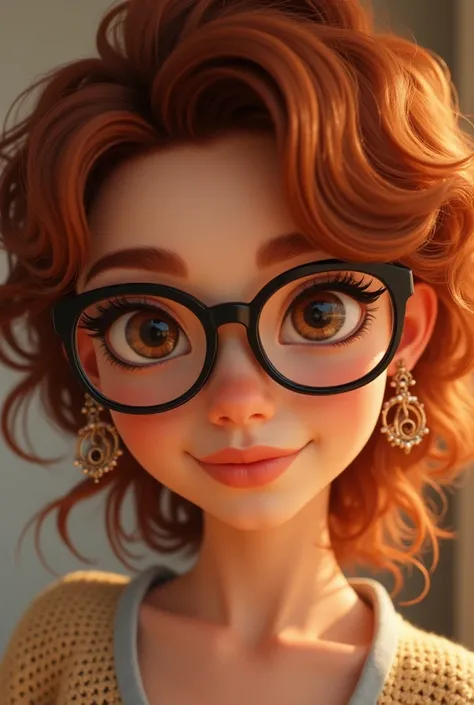 Woman with medium curly copper hair , a little robust, high,  fair skin round lenses and light brown eyes , with sun earrings hugs a woman with medium length brown hair ,  and round glasses with Pixar-style brown eyes