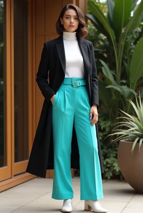  black lady layering fit white turtleneck with wide belt, aqua pants, white shoes, outside greenery with wooden structure.