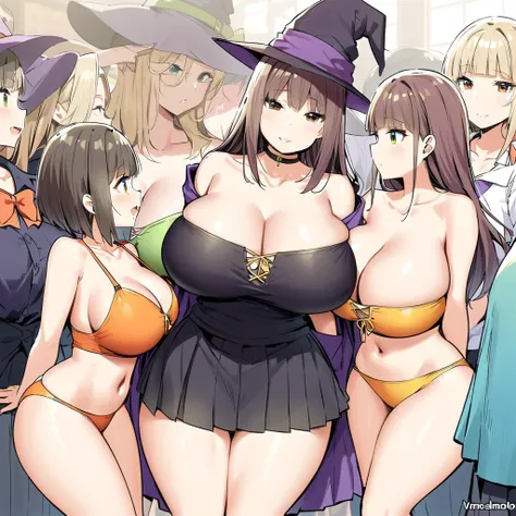  witches series, witch outfits(shirts and skirts), wizard hats, womans surrounding, multiple womans, curvy body