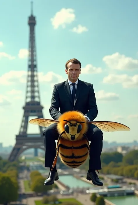 "Emmanuel Macron wears an official suit sitting on a giant bee that flies in front of the Eiffel Tower, with a daytime background full of blue sky, light clouds and green landscapes. The bee looks realistic with a large size and colored in orange and black...