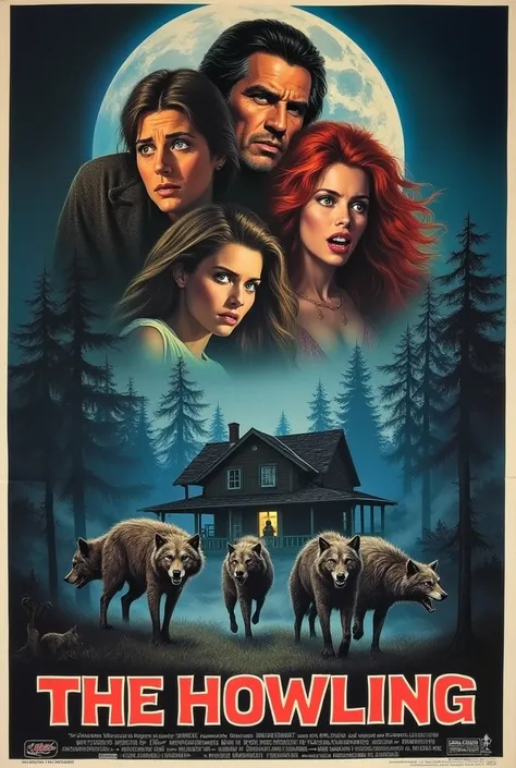 (vintage horror movie poster), (big title, THE HOWLING), ((overlapping images, top, frightened man and woman), (American man, blonde British woman, redheaded Ukrainian woman), ((bottom, a group of werewolves attack a guesthouse in a spooky forest in the mi...