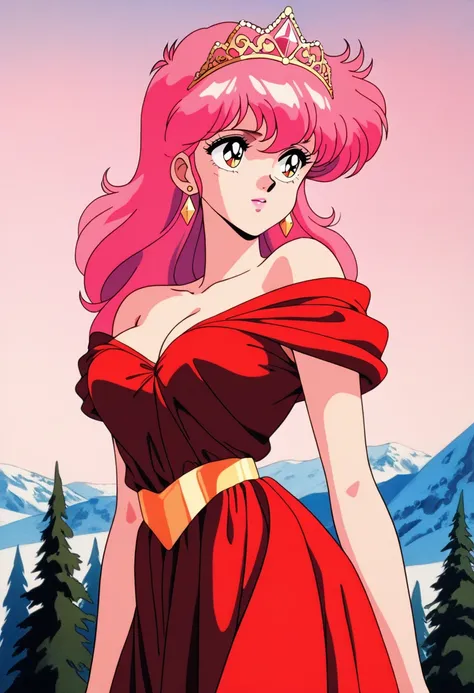 1girl, solo, masterpiece, best quality, (anime art style:1.0), off the shoulder dress, layered dress, short sleeves, ruby red dress, pink and gold tiara, soft pink lips, diamond earrings, pink hair, round breasts, beautiful girl, Retro, Vintage, Old Anime,...