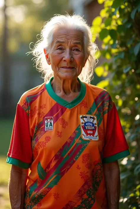 Grandma wearing the soccer jersey from Peru