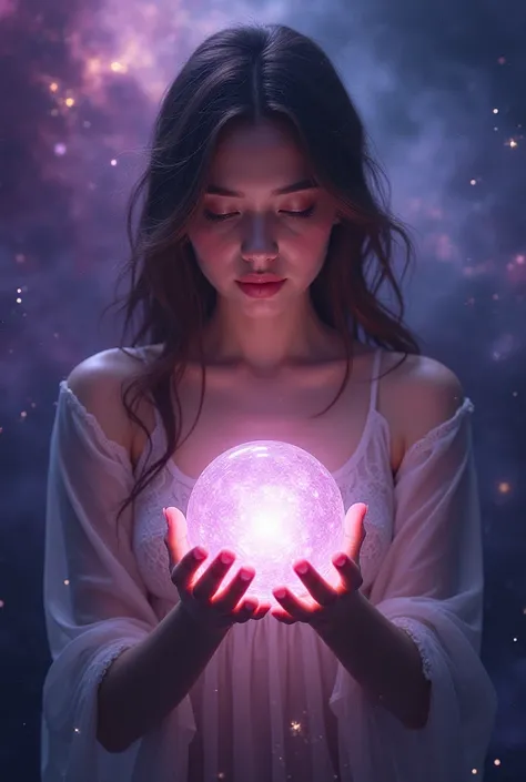 25-year-old girl giving the feeling of holding a sphere in her hands with flashes of purple galaxy

