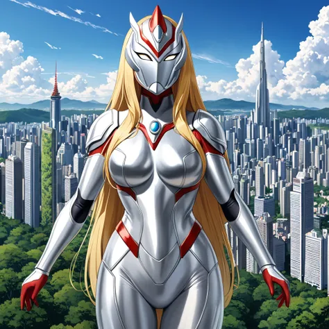 (( best quality)), ((masterpiece)),A giant female superhero similar to Ultraman, with a metallic silver body and a face resembling a female-shaped iron mask. She has long, flowing golden hair. The background features a dense forest with tiny trees at her f...