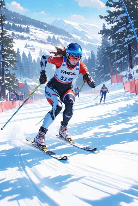 スキーDistance sports  ゴール直前の描写、 snapshot of a female athlete skiing on a course,   helmet , Distance sports 、Athletes running for the goal、 Nordic skiing , 