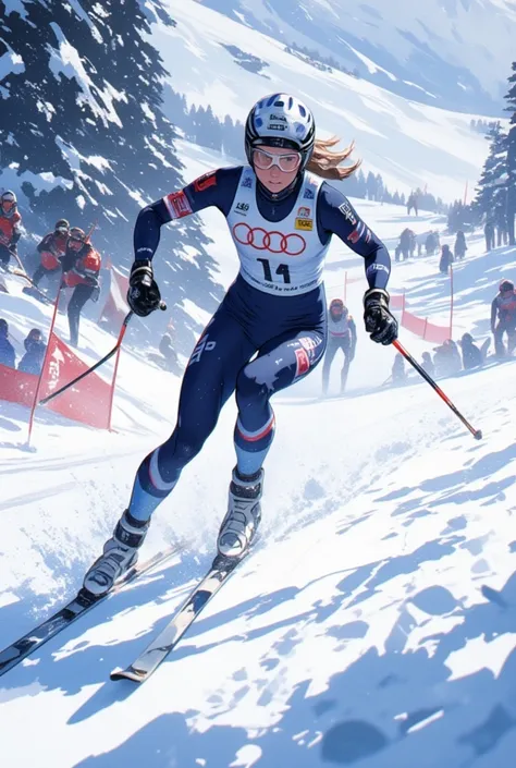 スキーDistance sports  ゴール直前の描写、 snapshot of a female athlete skiing on a course,   helmet , Distance sports 、Athletes running for the goal、 Nordic skiing , 